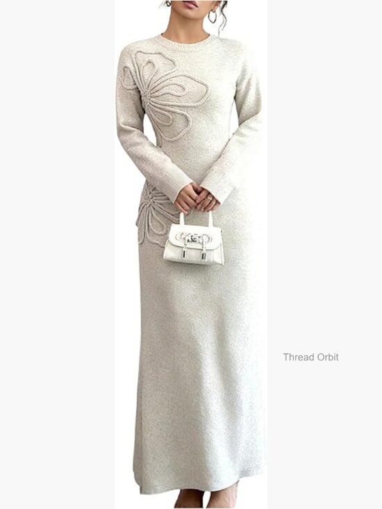 Dresses & Skirts - 3D Floral Sweater Dress Long Sleeve Crew Neck Knit Fall Winter Maxi Dress